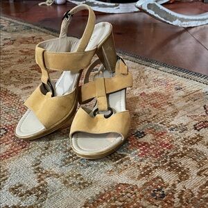 Sundance Mustard Suede T-Strap Block Heel Sandals